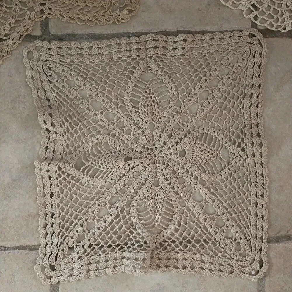 Vtg Handmade Crocheted Dollies White Beige Round Square Star Crafters Lot Of 3